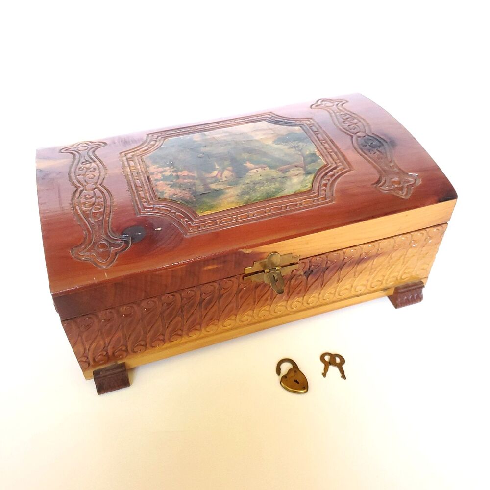 Vintage Carved Cedar Box w/ Cottage House Church Scene Picture Lock & Key